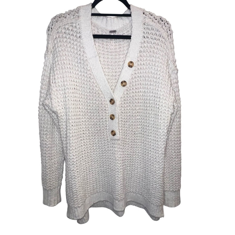 EUC Free People Ivory Cotton Wool 🐑 Blend V-Neck Sweater Tunic Small Oversized